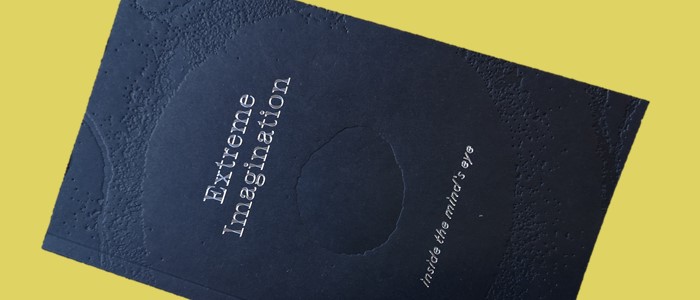 photo of a Black book on a yellow background with the title extreme imagination: inside the minds eye on a yellow background