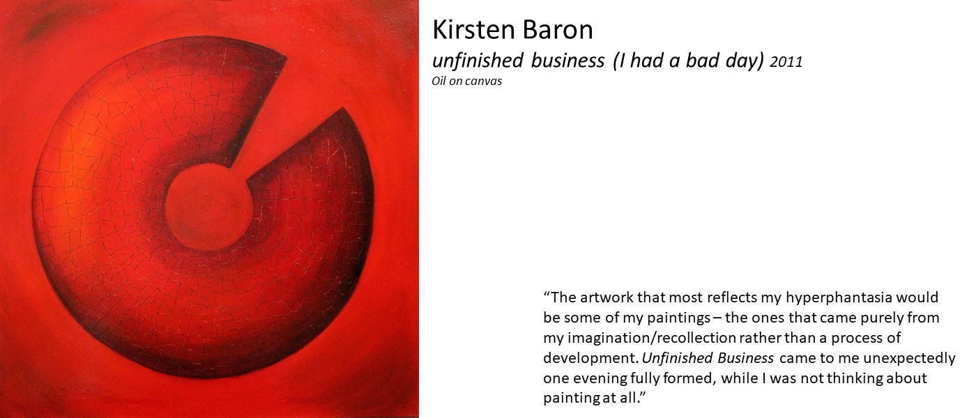 Artwork by Kirsten Baron (red and black round shape on red background) and quote 'The artwork that most reflects my hyperphantasia would be some of my paintings – the ones that came purely from my imagination/recollection rather than a process of development. Unfinished Business came to me unexpectedly one evening fully formed'