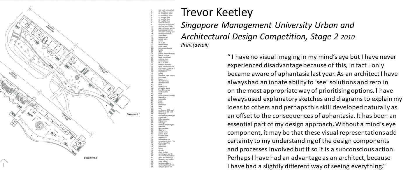 artwork by Trevor Keetley (architectural technical drawing with legend) and quote '“ I have no visual imaging in my mind’s eye but I have never experienced disadvantage because of this.. As an architect I have always had an innate ability to ‘see’ solutions and zero in on the most appropriate way of prioritising options. Perhaps this skill developed naturally as an offset for aphantasia'