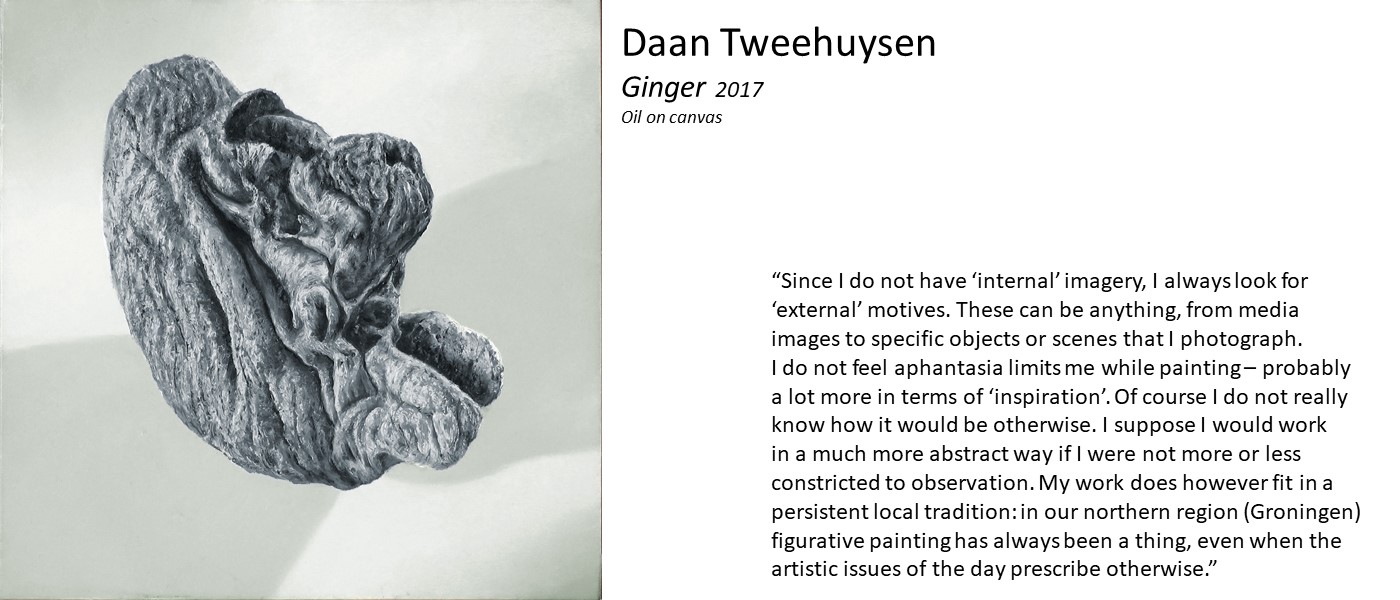 charcoal drawing by Daan Tweehuysen (abstract three-dimensional shape with a wrinkly texture, described in the caption as a ginger stem) and quote 'Since I do not have ‘internal’ imagery, I always look for ‘external’ motives. I do not feel aphantasia limits my painting – probably a lot more in terms of ‘inspiration’. I would work in a much more abstract way if I were not constricted to observation