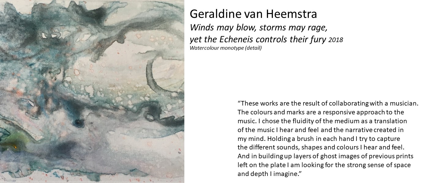 artwork by Geraldine van Heemstra (abstract flowing shape in different blues) and quote 'These works are the result of collaborating with a musician. The colours and marks are a responsive approach to the music... a translation of the music I hear and feel and the narrative created in my mind. Holding a brush in each hand I try to capture the different sounds, shapes and colours I hear and feel.