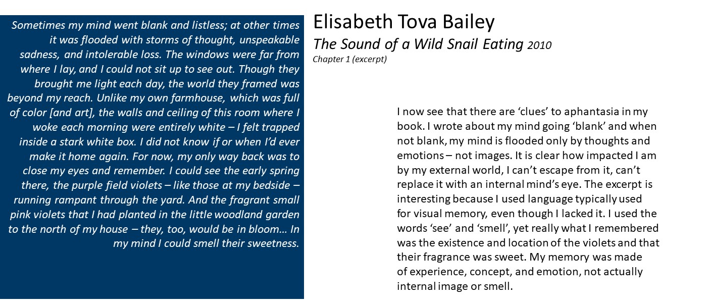 slide with text: excerpt from Elisabeth Tova Bailey's The Sound of a Wild Snail Eating, and quote: 'I now see that there are ‘clues’ to aphantasia in my book. I wrote about my mind going ‘blank’ and when not blank, my mind is flooded only by thoughts and emotions – not images. It is clear how impacted I am by my external world, I can’t escape from it, can’t replace it with an internal mind’s eye.'