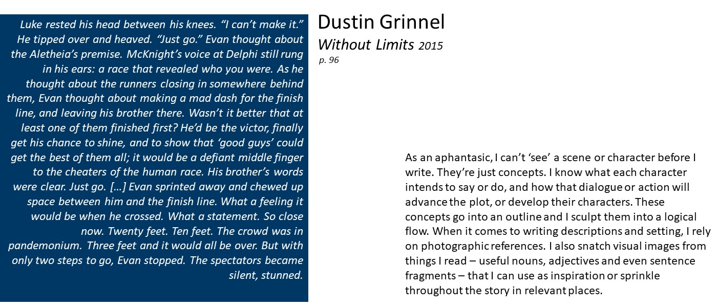 slide with text: excerpt from Dustin Grinnel's Without Limits and quote 'As an aphantasic, I can’t ‘see’ a scene or character before I write. They’re just concepts. I know what each character intends to say or do, and how that dialogue or action will advance the plot, or develop their characters. When it comes to writing descriptions and setting, I rely on photographic references.