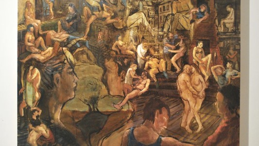 close-up of artwork by Michael Chance: beige and brown cityscape with people dancing (dressed or naked), laying around naked, having sex, attending to their higiene (massage, barbering, sitting on a toilet), or exposing their bodies in different positions, blending with the lines that make up the environment