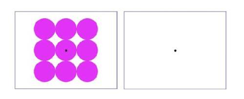 to the left,  black-lined white rectangular box containing 9 brightly coloured circles and a dot in the middle. To the right, a second empty box of the same size