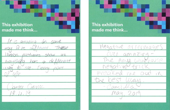 two green comment cards reading: 'It is amazing in some ways it is different. These illusions pictures show us everything has a different wayto see. Every part of life. Signed: Carsu Cevik, dated: 13 april 2019'. and 'negative afterimages are amazing - the Amy Whitehouse negative trick freaked me out in the best way. Signed: Camilla, dated: May 2019'