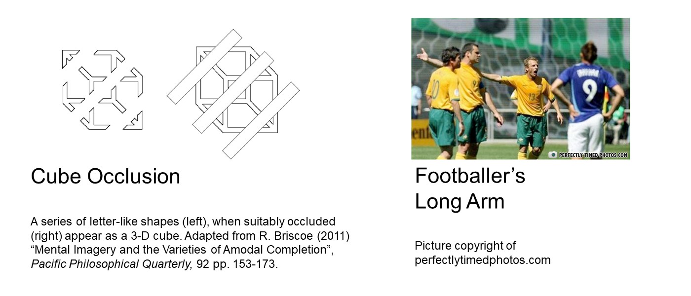 First image: cube occlusion: 3D cube made out of thin bars, with 3 diagonal blank bars going over the 2/6th, middle and 4/6th so when expanded, the cube dissolves in a pile of K, Y and arrows. Second image: photo of 4 white men in footballer's attire, with 2 of them pointing left. Shoulder of the second man is hidden behind the first, so the third man looks like he has an unnaturally long arm.