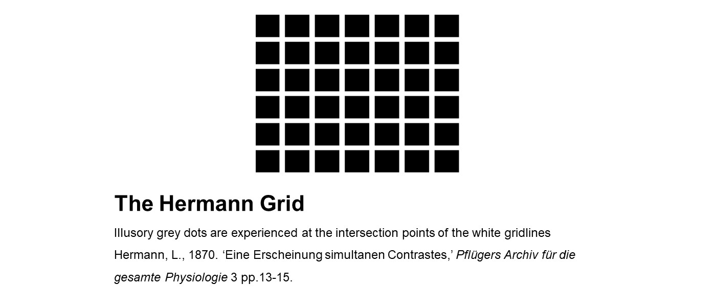 The Hermann Grid: a black rectangle with white gridlines to create a 7 by 6 table. Illusory grey dots are experienced at the intersection points of the white gridlines