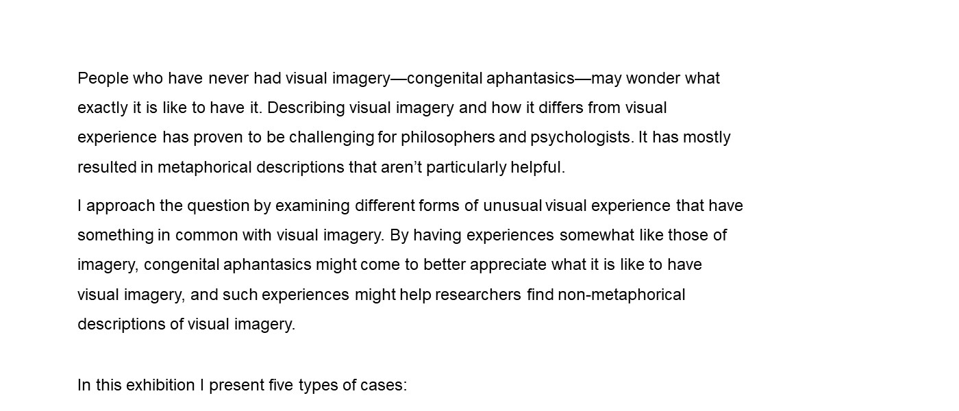 People who have never had visual imagery—congenital aphantasics—may wonder what exactly it is like to have it. Describing visual imagery has mostly resulted in metaphorical descriptions that aren’t particularly helpful. I approach the question by examining different forms of unusual visual experience that have something in common with visual imagery. In this exhibition I present 5 types of cases: