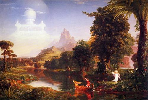 historical painting of a panoramic view of a lake surrounded by giant exotic trees with lush canopies and a rolling rocky hilly landscape in the background culminating in a rocky mountaintop. 2 small figures in foreground - a woman in a red dress on an ornate boat on the lake, and an angel with wings and halo dressed in white. The clouds form a semitransparent palace in the sky