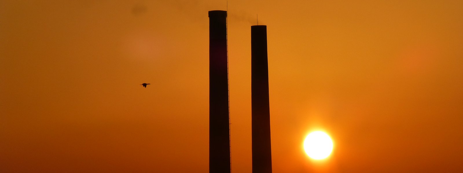 Silhouette of two smoking chimneys and a bird in flight agains a deep orange sunset sky with a low sun